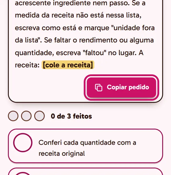 Tela do app: Copiar pedido, no bônus de IA