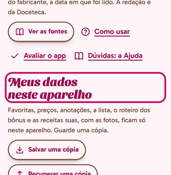 Tela do app: Meus dados neste aparelho, no fim do Início