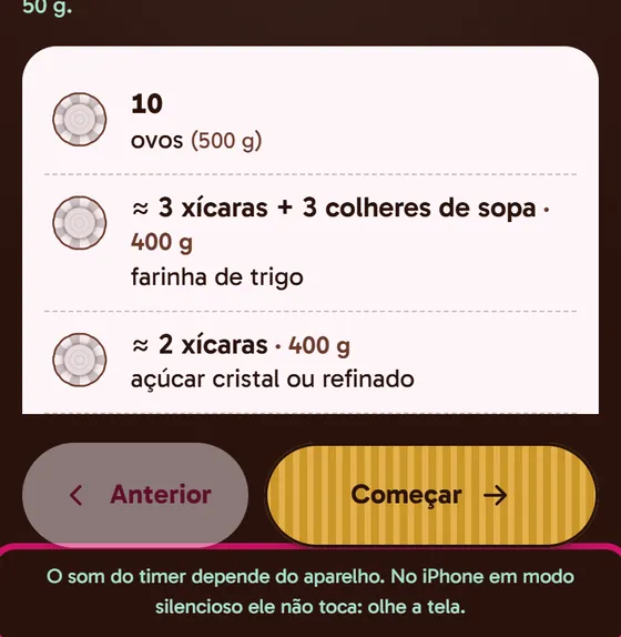 Tela do app: O aviso do som, no modo cozinha