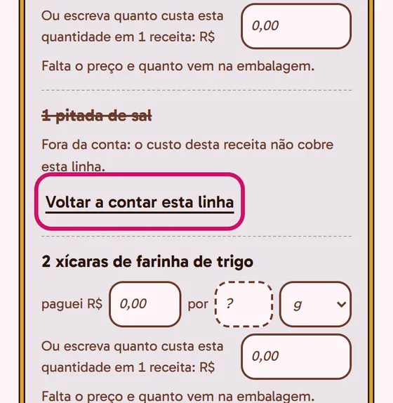 Tela do app: Uma linha deixada fora da conta, com Voltar a contar esta linha