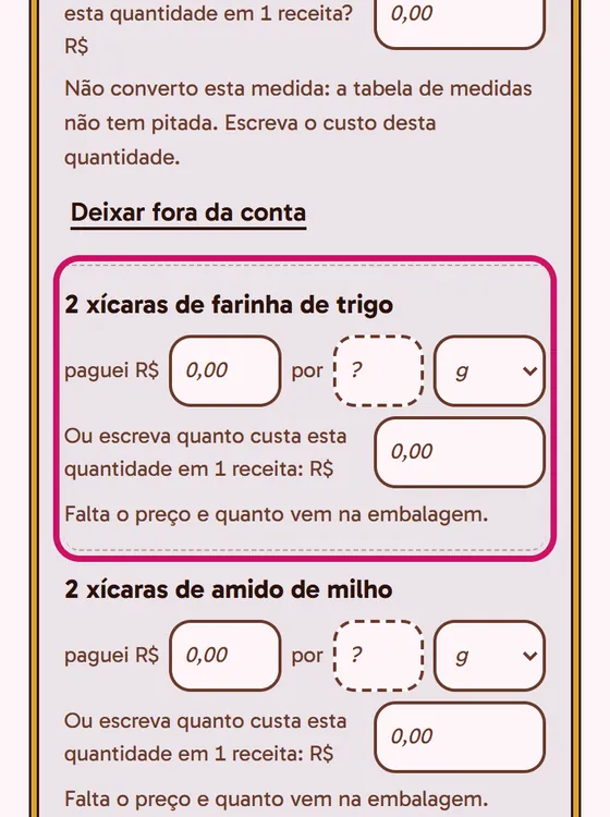 Tela do app: A nota da estimativa no custo da receita
