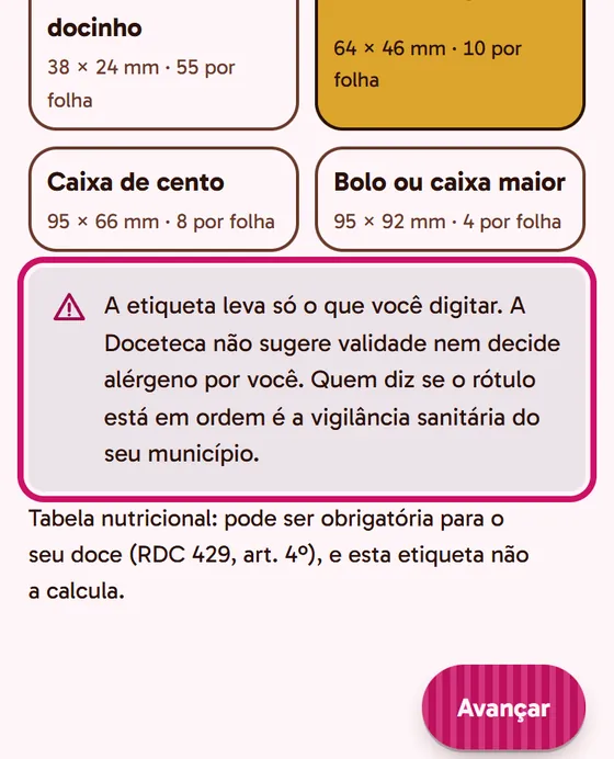 Tela do app: O aviso da etiqueta sobre a vigilância sanitária