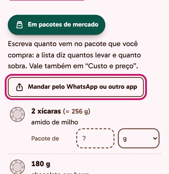 Tela do app: Mandar pelo WhatsApp ou outro app, na lista