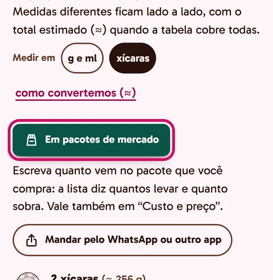 Tela do app: A lista em pacotes de mercado
