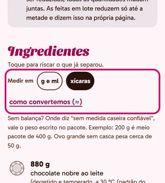 Tela do app: Medir em, com xícaras escolhido