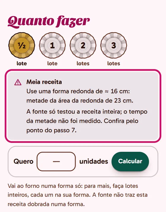 Tela do app: Meia receita, com a forma e o aviso do tempo