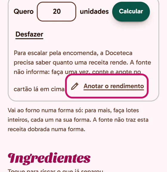 Tela do app: Anotar o rendimento, numa receita sem rendimento