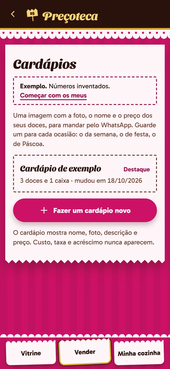 Tela do app: O Cardápio, em Vender