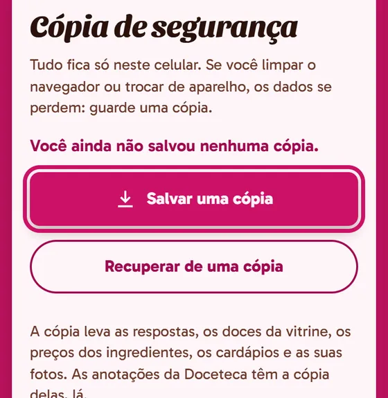 Tela do app: Cópia de segurança, em Minha cozinha