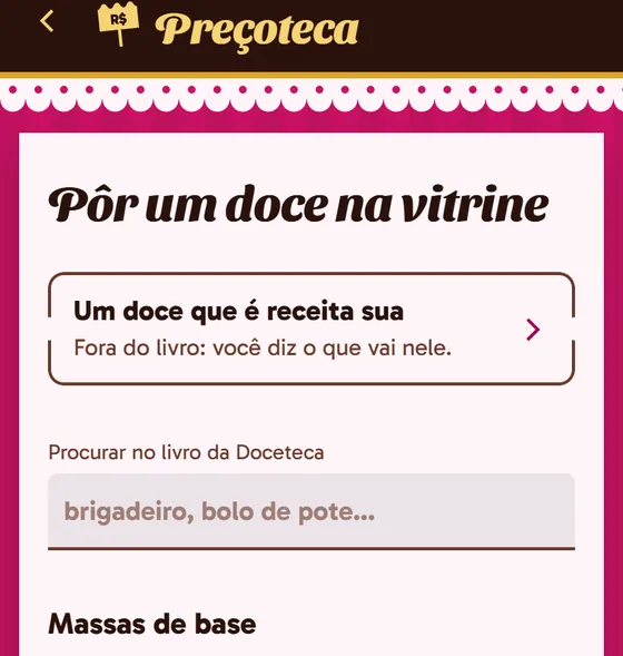Tela do app: Um doce que é receita sua, em Pôr um doce na vitrine