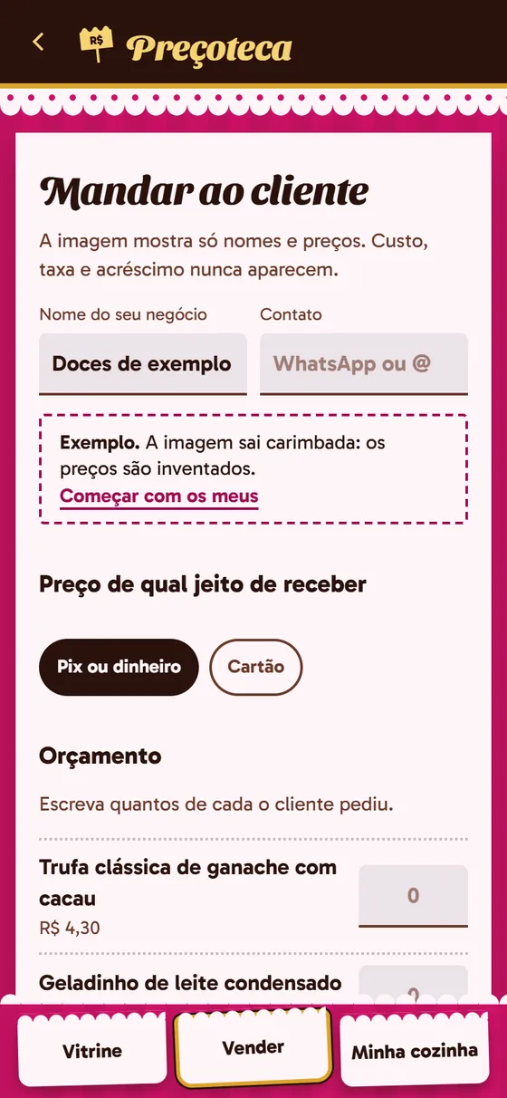 Tela do app: Mandar ao cliente