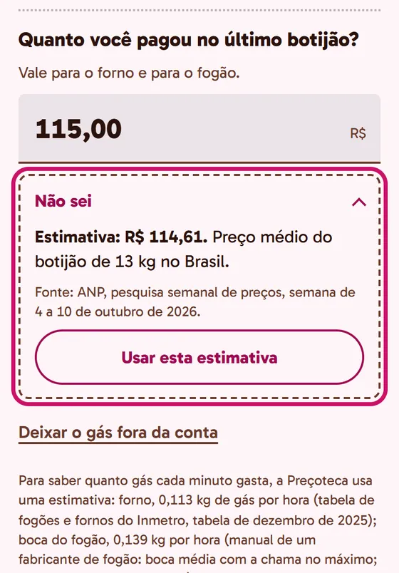 Tela do app: A estimativa do botijão, com a fonte e a data