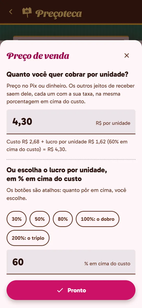 Tela do app: A folha Preço de venda