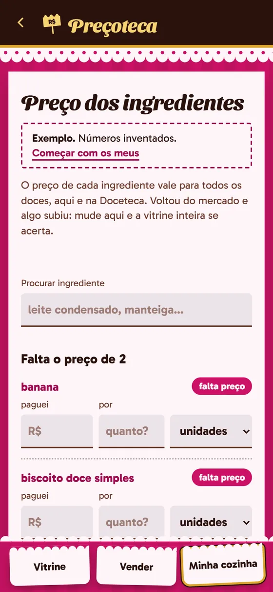Tela do app: Preço dos ingredientes