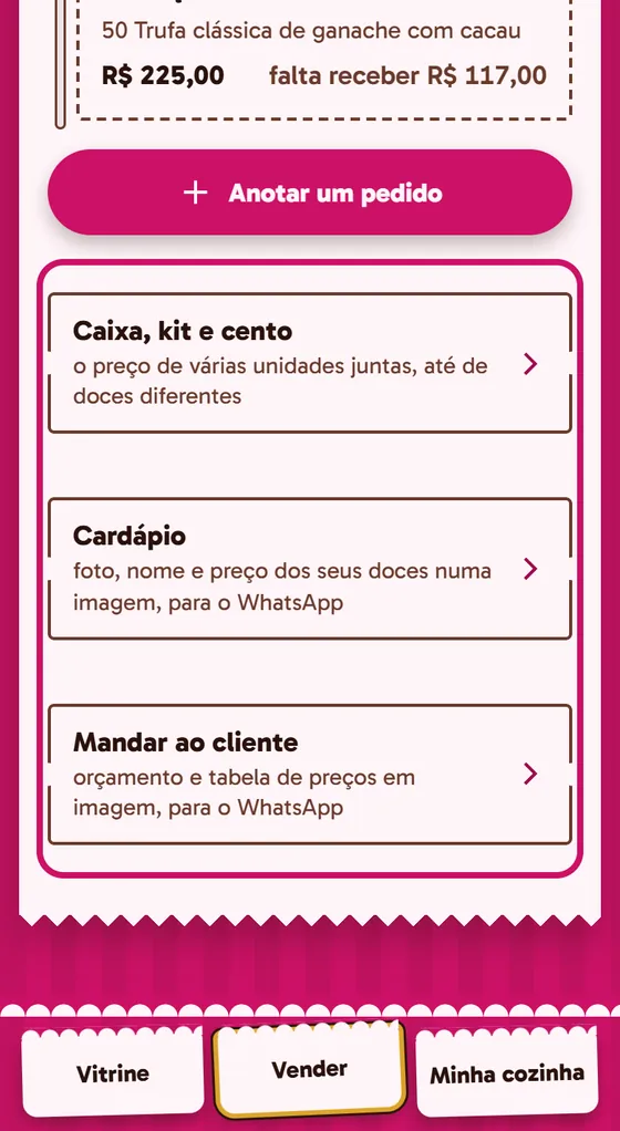 Tela do app: Vender, com Caixa, kit e cento, Cardápio e Mandar ao cliente
